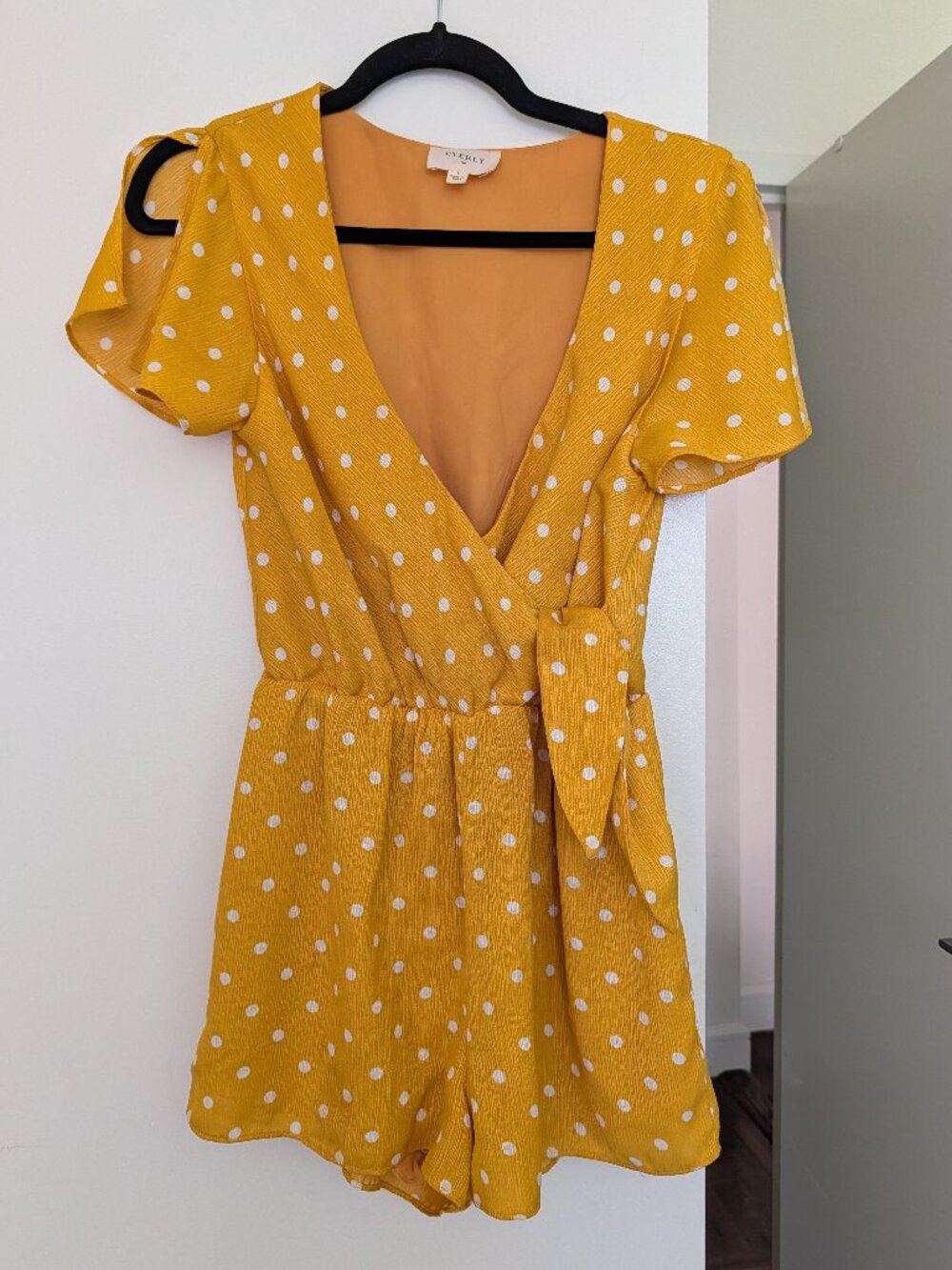Everly Mustard Yellow Polka Dot Romper Surplice V-Neck Cap Sleeve Size S